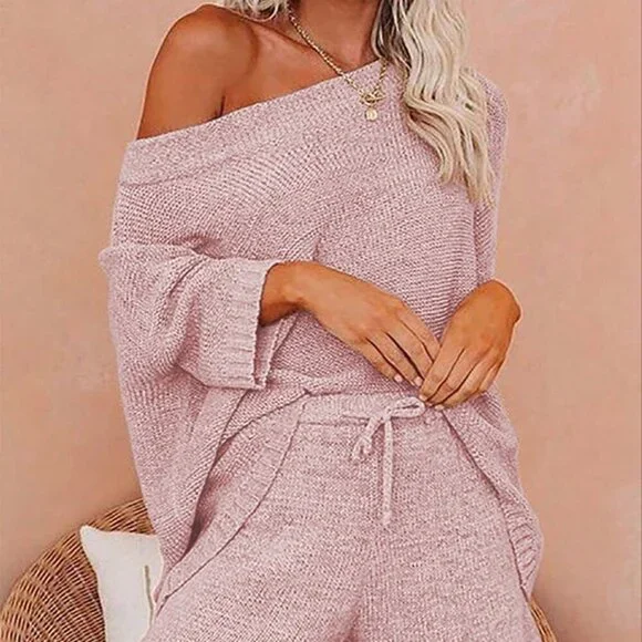 Pink Casual Women's Pure Color Asymmetric Neck Drop Sweater And Knitted Shorts - Picture 3 of 4